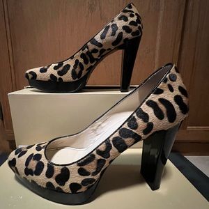 CK Calvin Klein 8.5 Malissa Leopard Calf Hair Leather Patent Platform Pump Heels